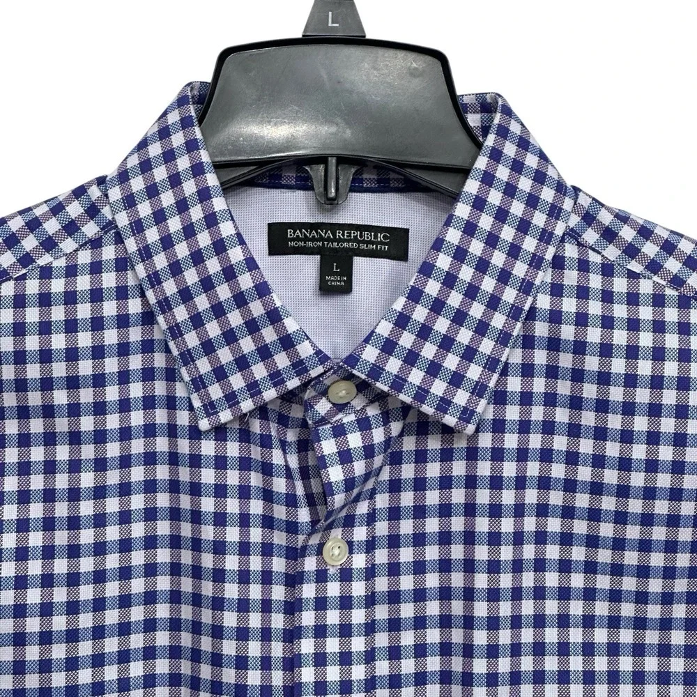 Banana Republic‎ Shirt Mens Large Purple Plaid Non Iron Slim Fit Cotton Dress